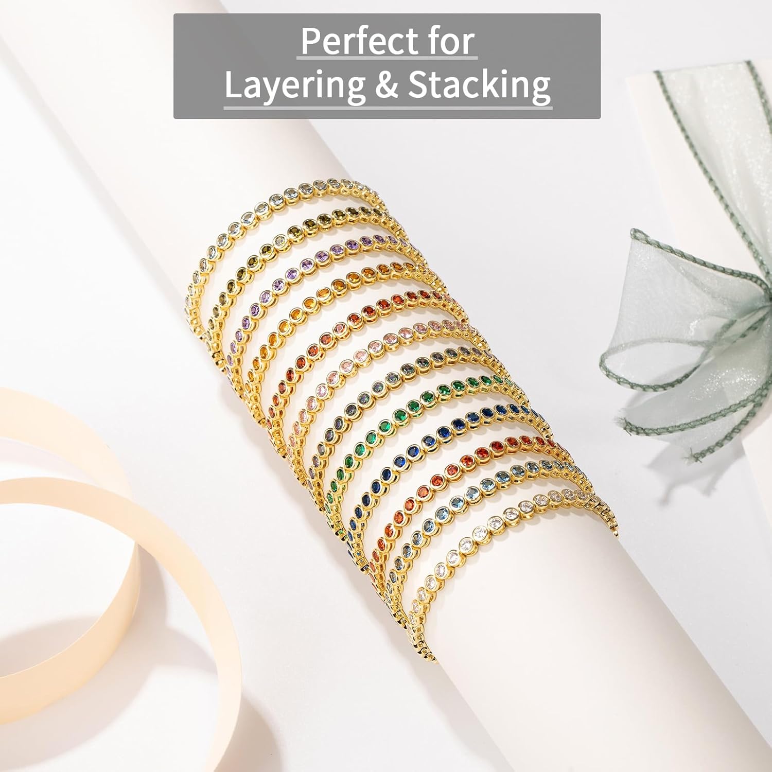 ETERMBOL Birthstone Tennis Bracelets for Women, 925 Sterling Silver 14K Gold Plated Bracelet 4mm Round Cubic Zirconia Bezel Setting, jewelry Gift for Women Mom Wife Her on Anniversary Birthday, 7 Inch - Image 7