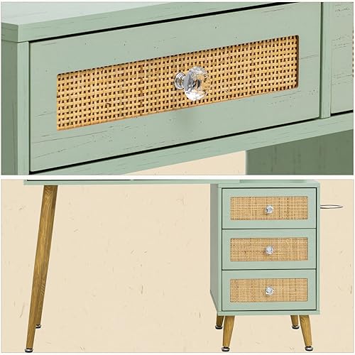 Vista 9 de Yechen Vanidad de maquillaje, juego de escritorio de ratán de 43.3 pulgadas con espejo iluminado LED de 31.5 pulgadas, 3 modos de color y brillo