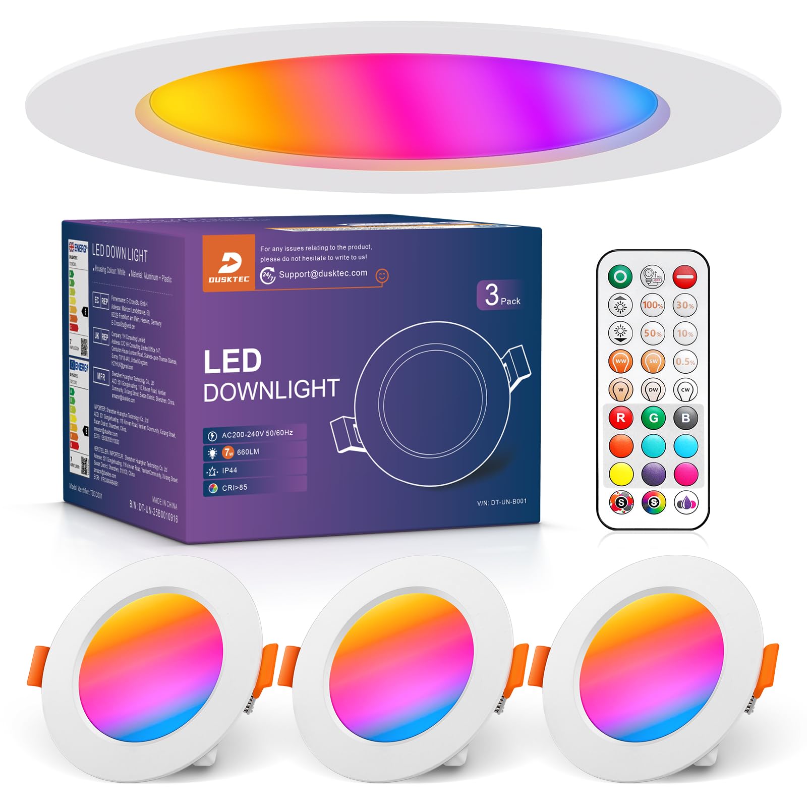 DUSKTEC LED Downlights for Ceiling, RGB Spot Light with Remote Control, 7W Warm White to Cool White Recessed Ceiling Lights Dimmable, IP44 Colour Changing Spotlights for Bathroom Kitchen Living Room — image 1