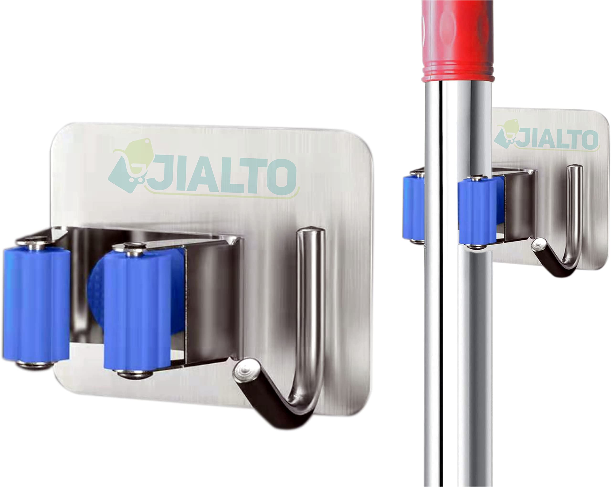 JIALTO 2 PCS Broom Holder Wall Mounted and Mop Holder for Steel/Broom Stick Holder Wall Mounted for Home No Drilling/Broom & Mop Self Adhesive Without Drilling (Blue)