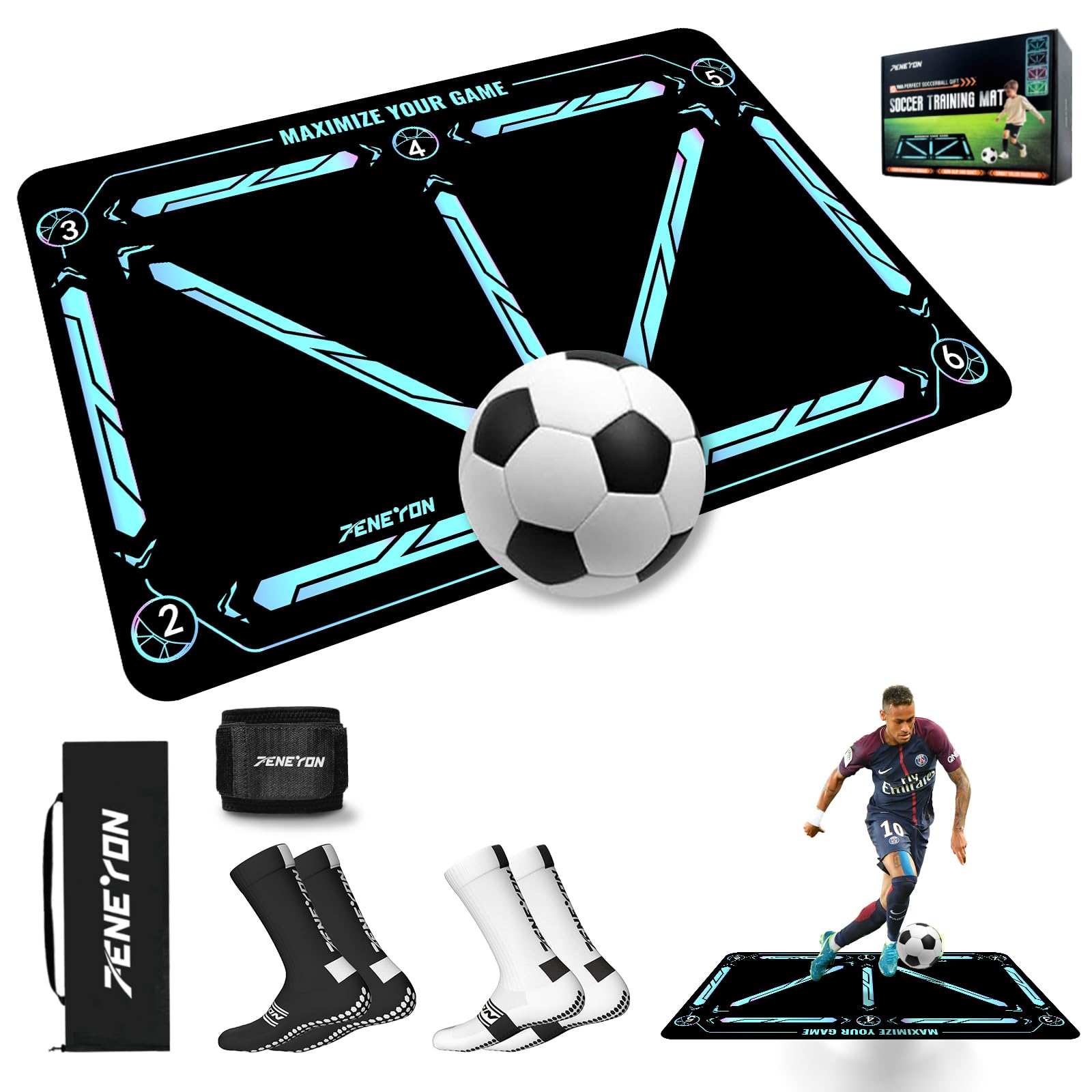 Soccer Training Mat with Soccerball socks-Non-Slip Soccer Training Equipment for Adults and Professional Athletes to Boost Speed, Strength & Coordination | Soccer Trainer for Indoor/Outdoor Drills