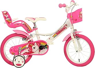Dino Bikes Unicorn Kids Bike 16-inches, Girls, White/Pink with Doll Seat, Basket and Stabilisers