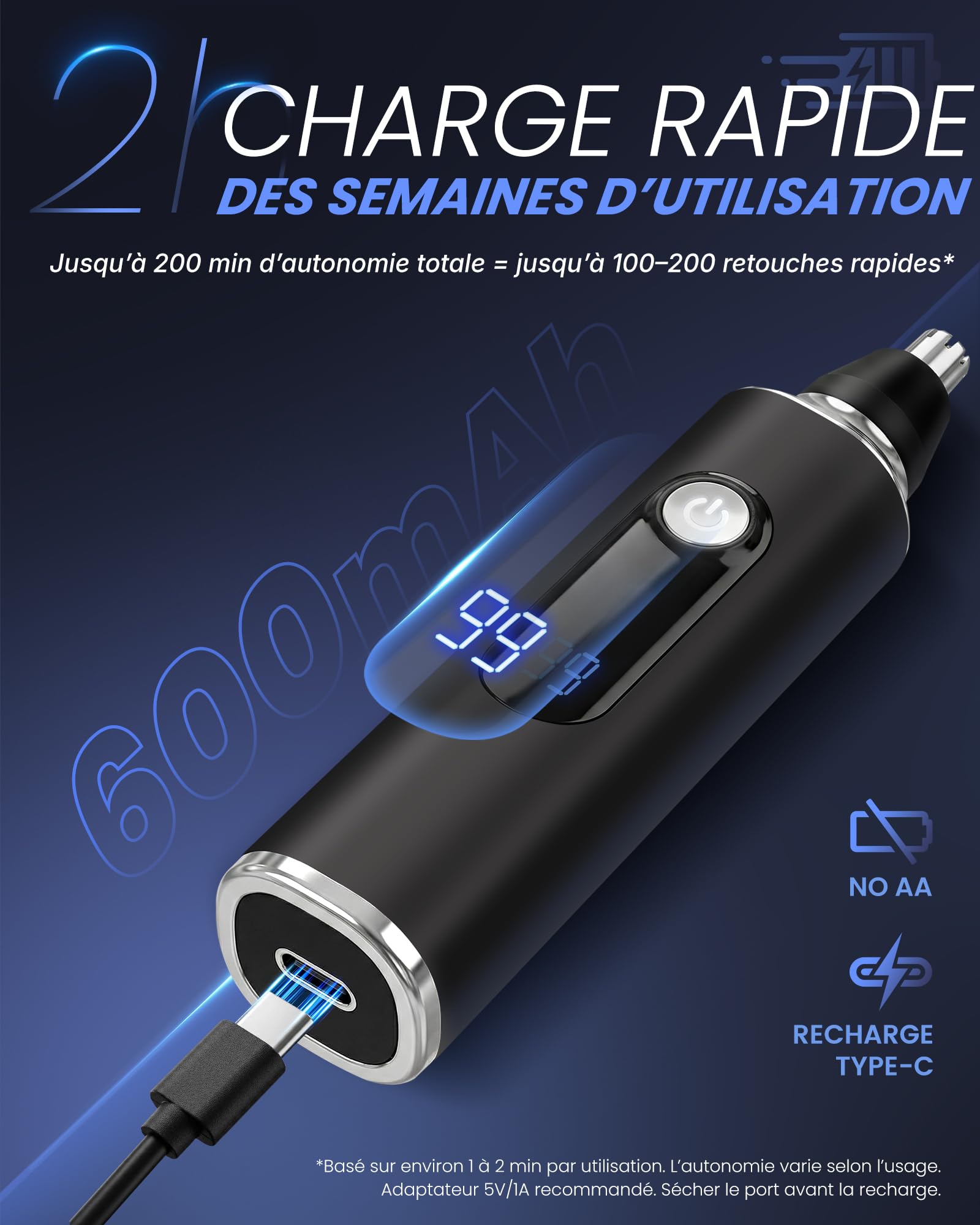 EaseAura® Tondeuse Nez Oreilles Homme & Femme, Rasoir Nezs Rechargeable, Coupe Poils Nez et Oreilles, Tondeuse Poil de Nez Tête Arrondie, Épilateur Nez Précision, LED Display, IPX7 - 5