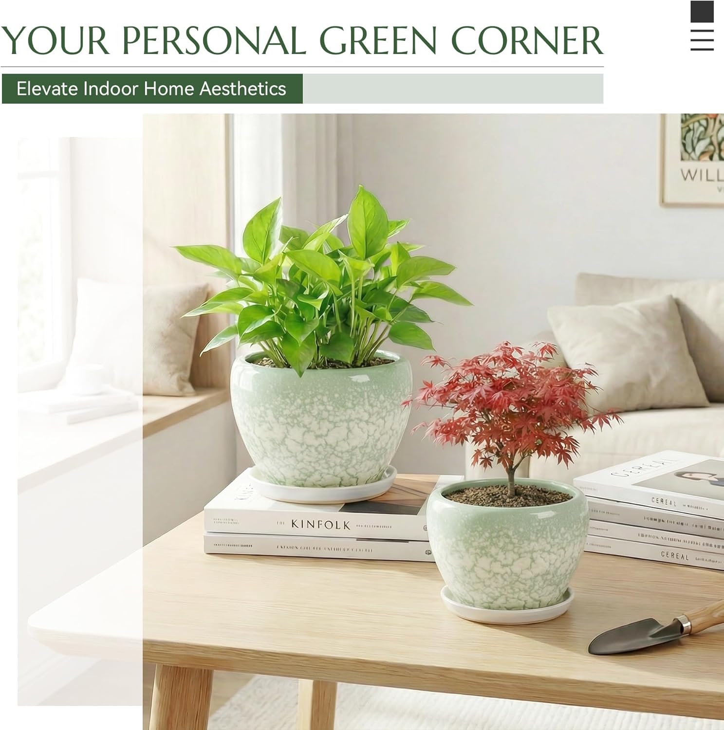 8.3 Inch Ceramic Planter with Saucer Leak-Proof Mesh &Drainage, Round Plant Pot with Gardening Gloves for Indoor Outdoor Plants (Jade Green)