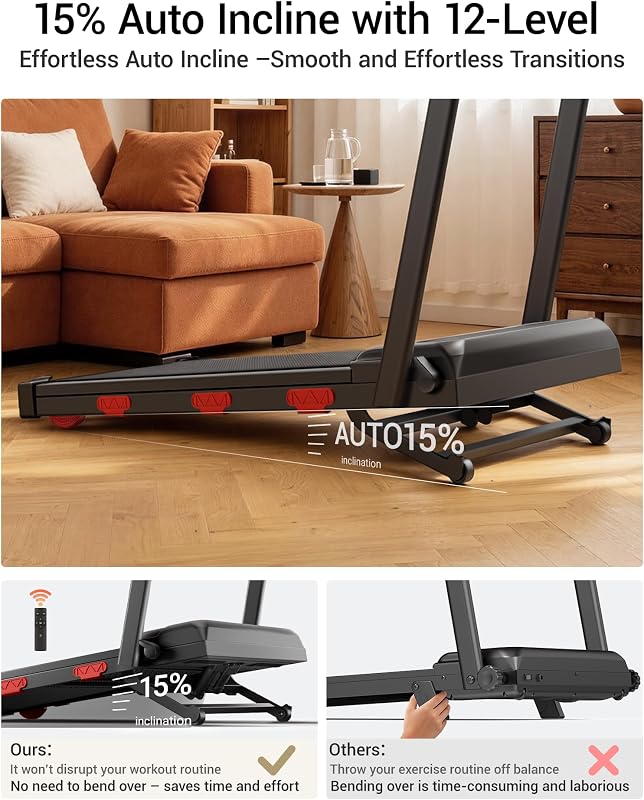 15% Auto Incline Walking Pad Treadmill with 12-Level, 43‌″ High Armrests image 2