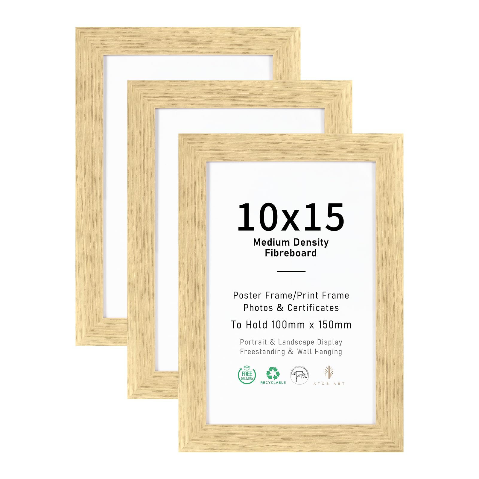 10x15 Picture Frame Set of 3, Display 10x15cm Without Mat, Natural Wood Color Photo Frames for Wall Mounting or Table Top Display