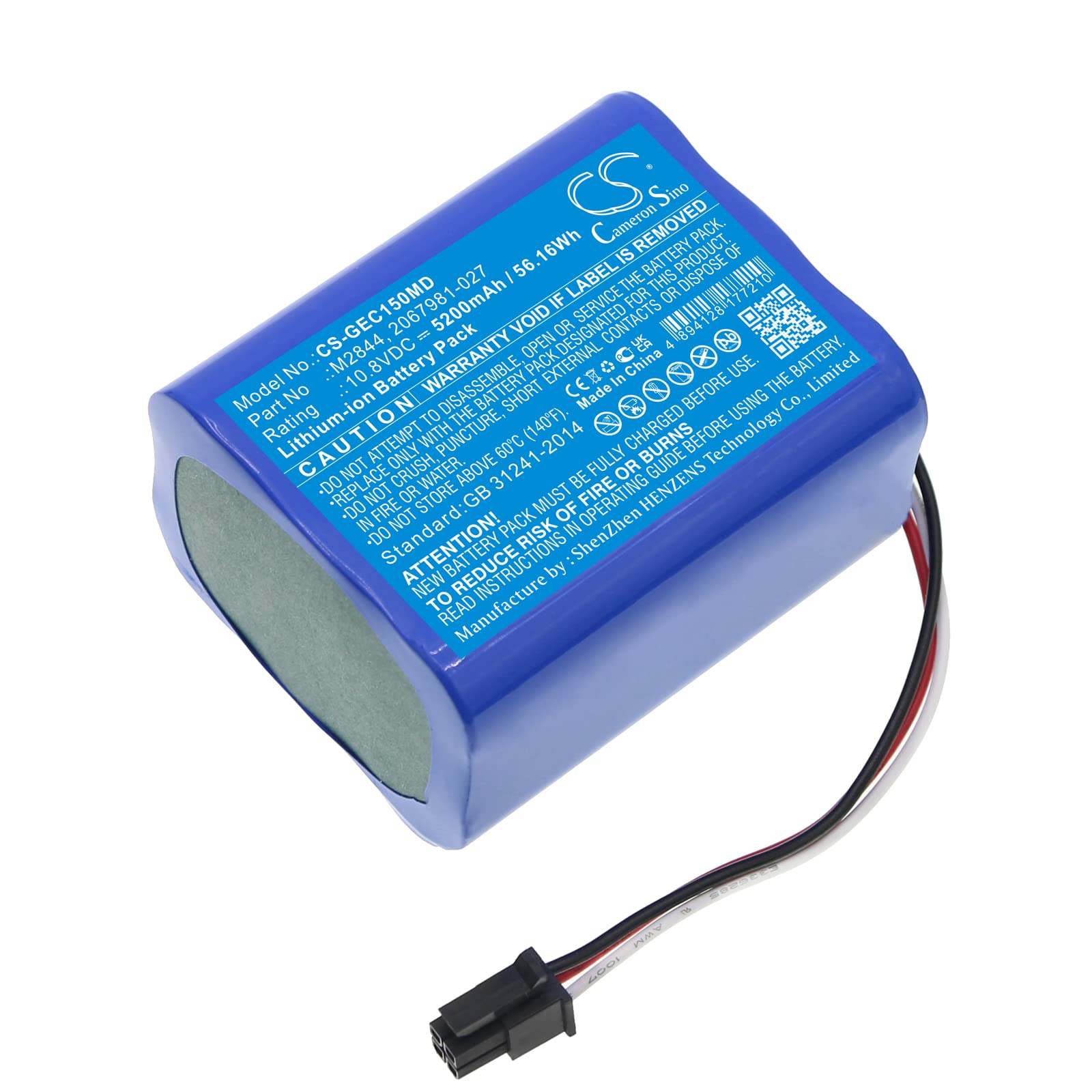 Cameron Sino Battery for GE Carescape VC150 Vital Sign Mon, Moniteur Carescape Dinamap VC1 GE 2067981-027, 4M00441A, 5835030, M2844 5200mAh / 56.16Wh