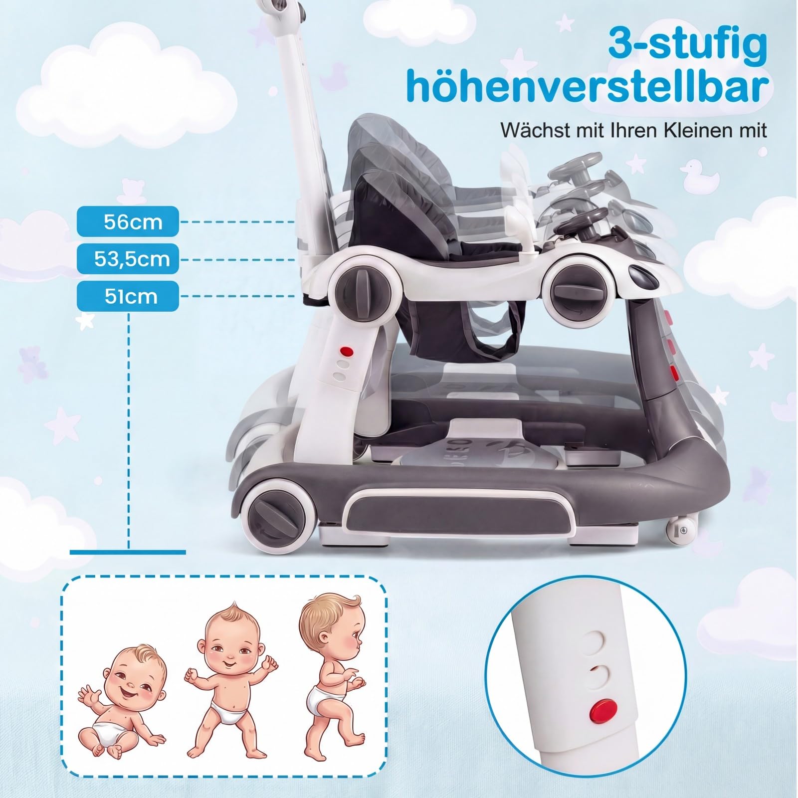 COSTWAY 7 in 1 Lauflernhilfe mit Verdeck, Lauflerwagen mit einstellbarer Höhe & Geschwindigkeit, Baby Walker klappbar mit Spielboard, Musik, Licht & Rädern, Gehfrei Baby ab 6 Monaten (Grau) - 4
