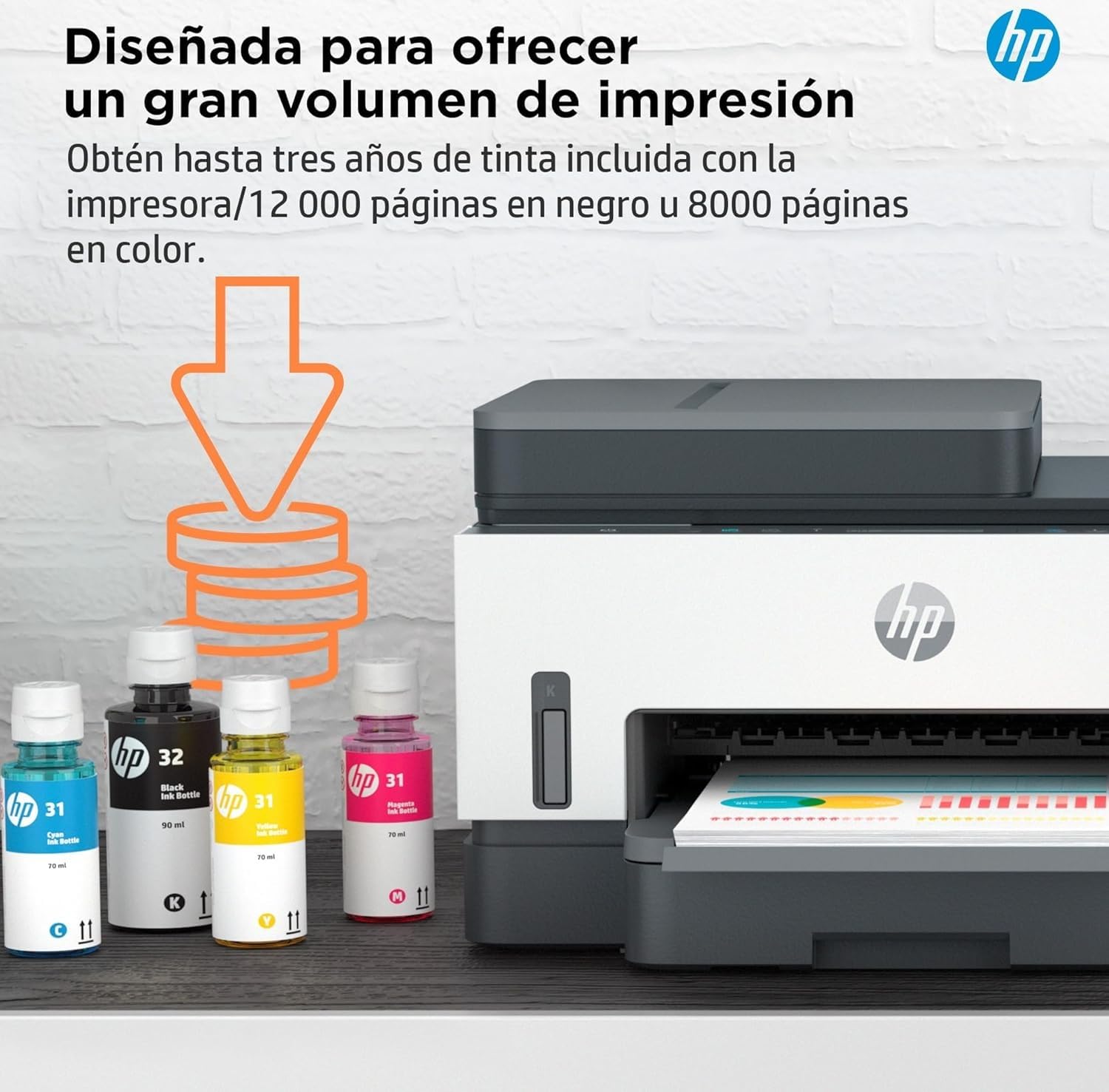 HP Smart Tank 7305 28B75A -Impresora A4 Multifunción con Deposito de Tinta Recargable, Impresión a Color, Escaner, Copiadora, Wi-Fi, Smart App, Blanca y Gris Oscuro