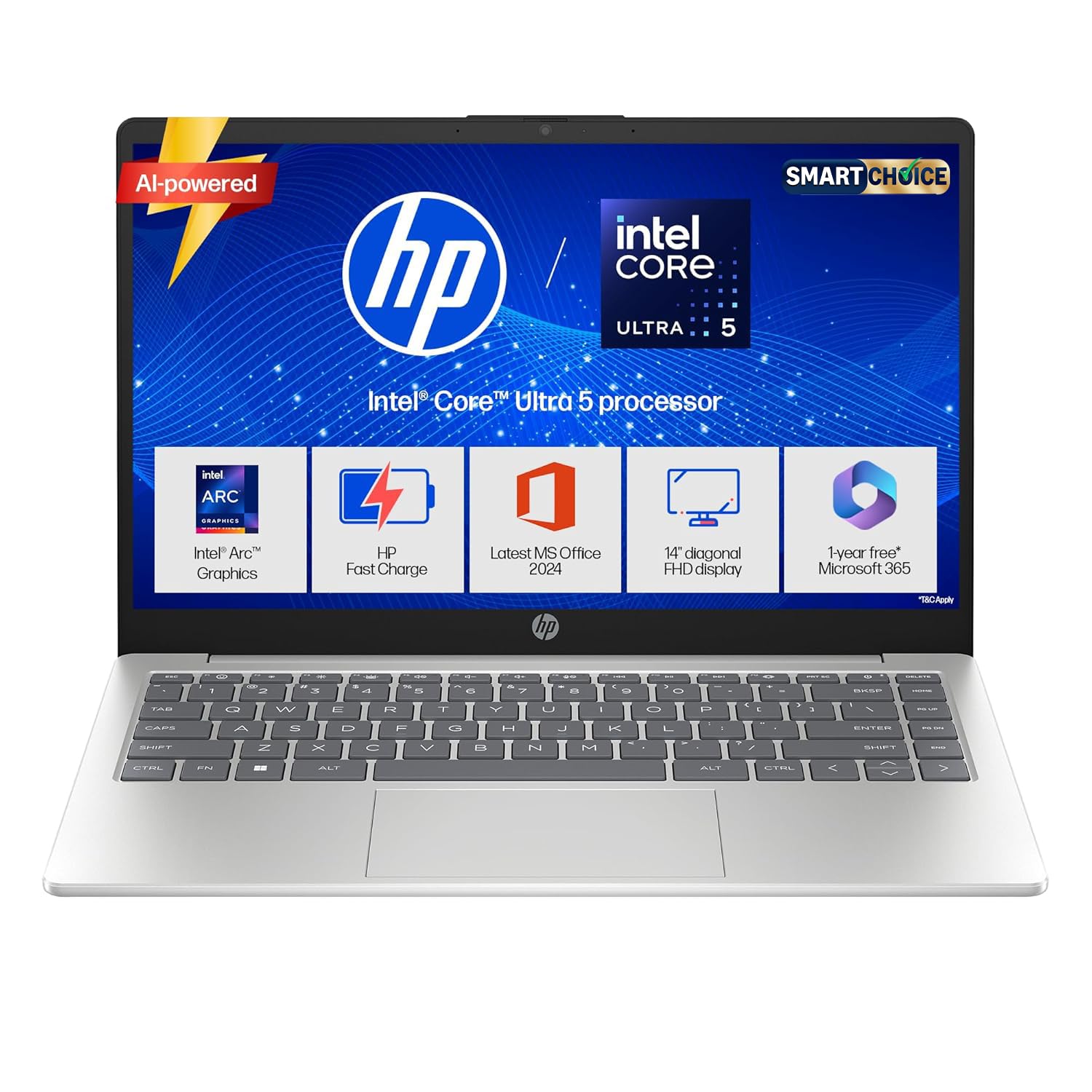HP 15 Smartchoice, Intel Core Ultra 5 125H 12 TOPS, 24GB DDR5 (Upgradeable) 1TB SSD,Anti-Glare, FHD, 15''/39.6cm,Win11, M365*Office24, Silver, 1.65kg, FD1458TU, FHD Camera w/Shutter, Backlit AI Laptop — image 1 of 7