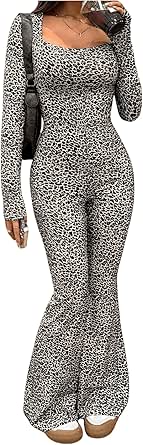Amazon.com: MakeMeChic Women's Leopard Print Square Neck Jumpsuit ...