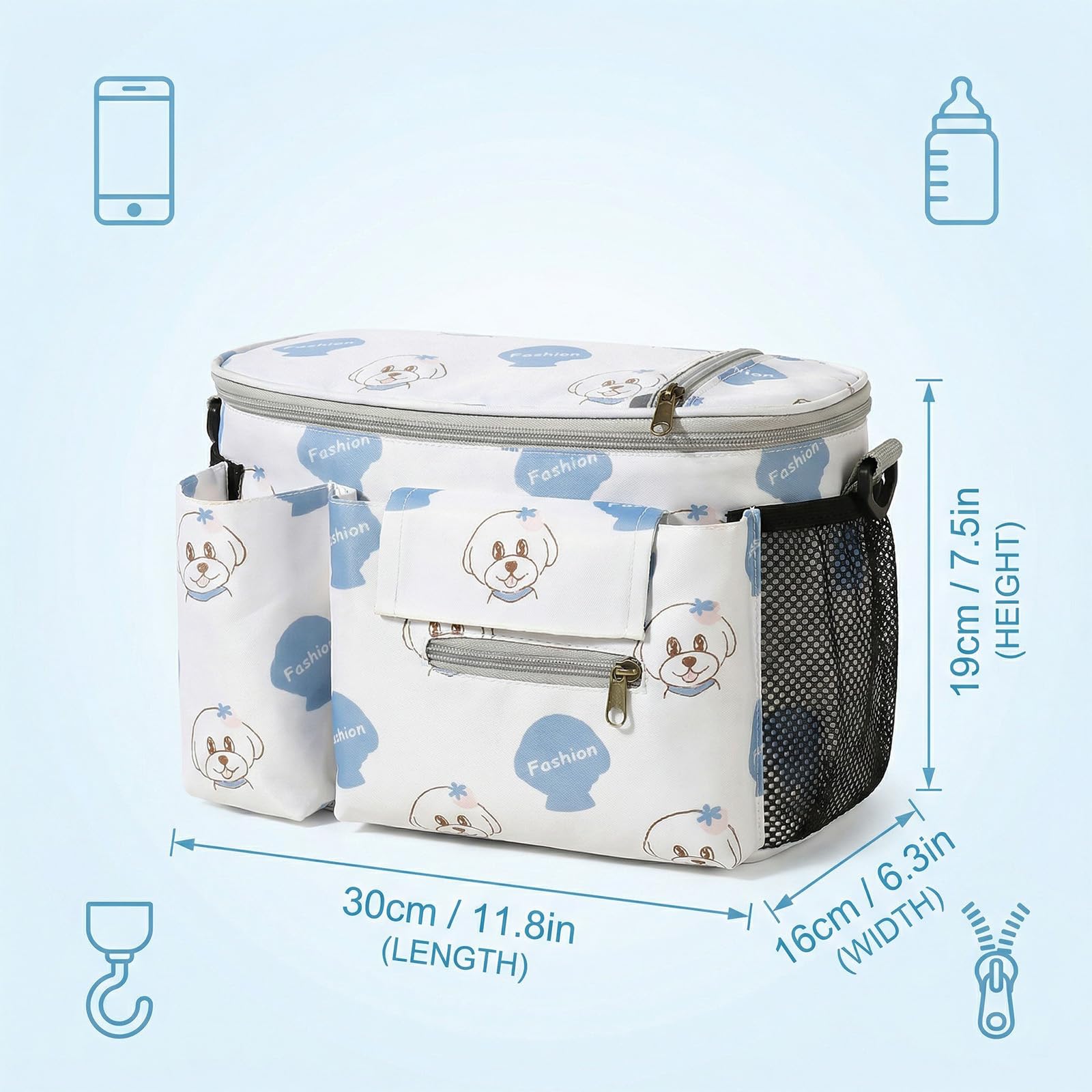 Borsa Passeggino Universale, Impermeabile e Resistente Borsa Carrozzina Neonato con Supporto di Tazza, Borsa Telefono e Tracolla, Adatta Alla Maggior Parte dei Passeggini
