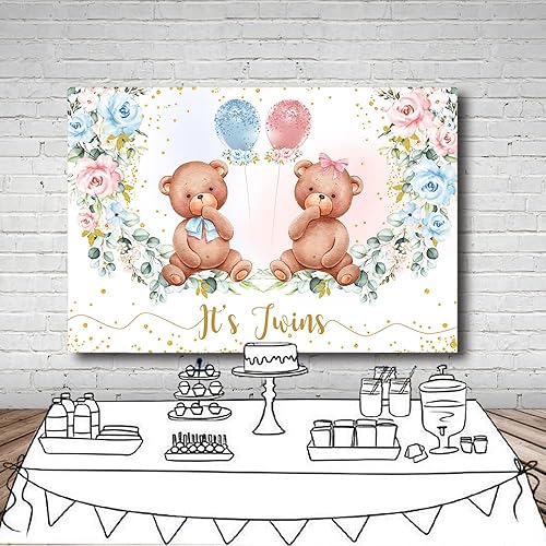 Miniatura 4 de MEHOFOND Telón de fondo para baby shower con temática de oso gemelo para niños y niñas, decoración floral rosa y azul para fiesta de cumpleaños,