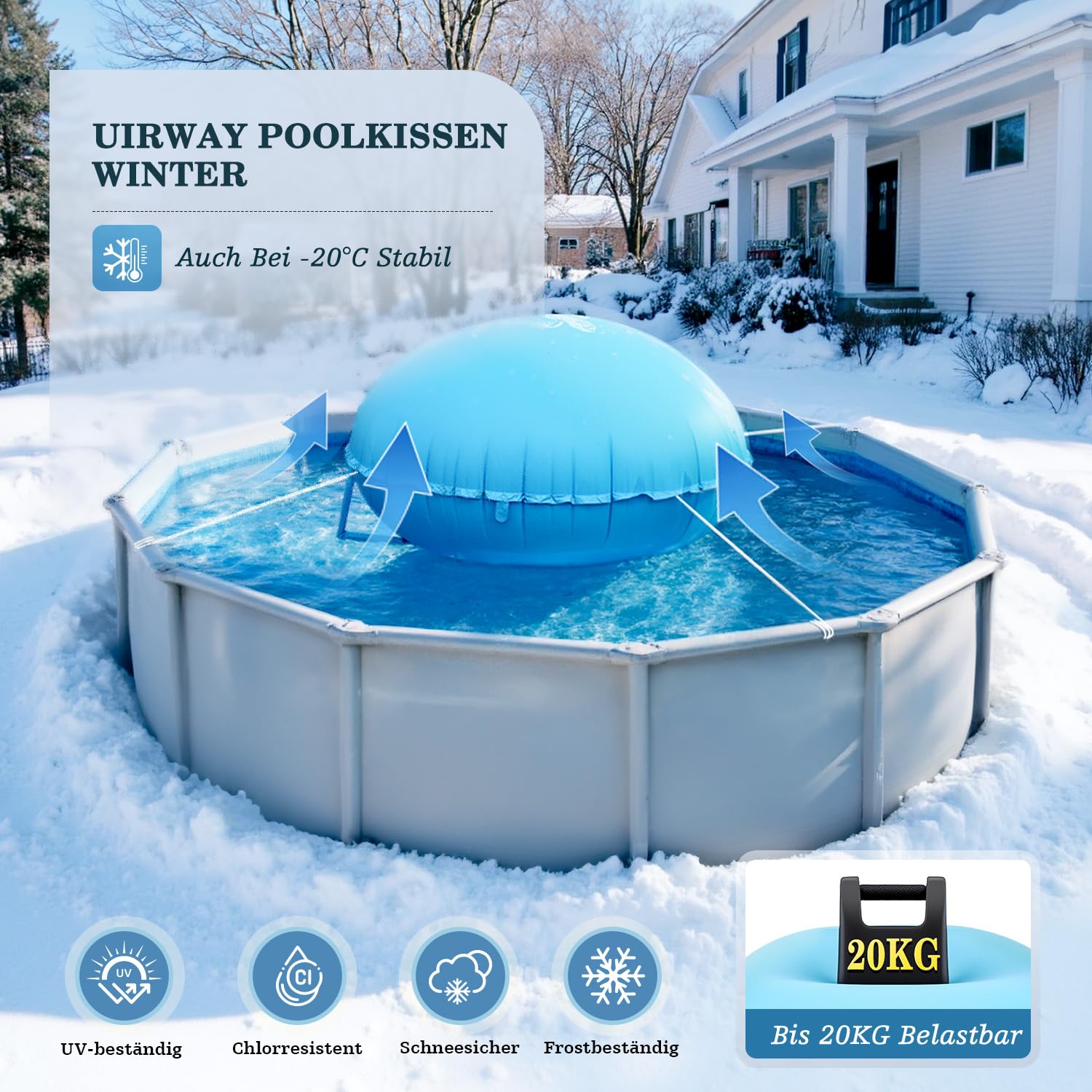 UIRWAY Poolkissen Winter XXL | Poolkissen Rund 4m mit Doppelnaht | Luftkissen Pool Winter inkl. Reparaturkit & Der Verlängerte LuftfüLlstutzen | Pool Kissen ÜBerwinterung | Winterkissen mit 15m Seil