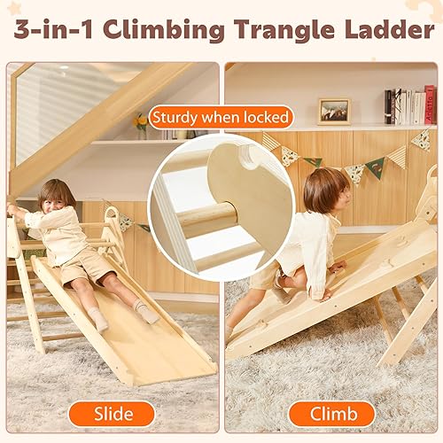 Miniatura 2 de Juego de triángulos Pikler con mango 3 en 1 con tobogán ancho y rampa, juguetes de escalada Montessori plegables de madera, escaladores de interior