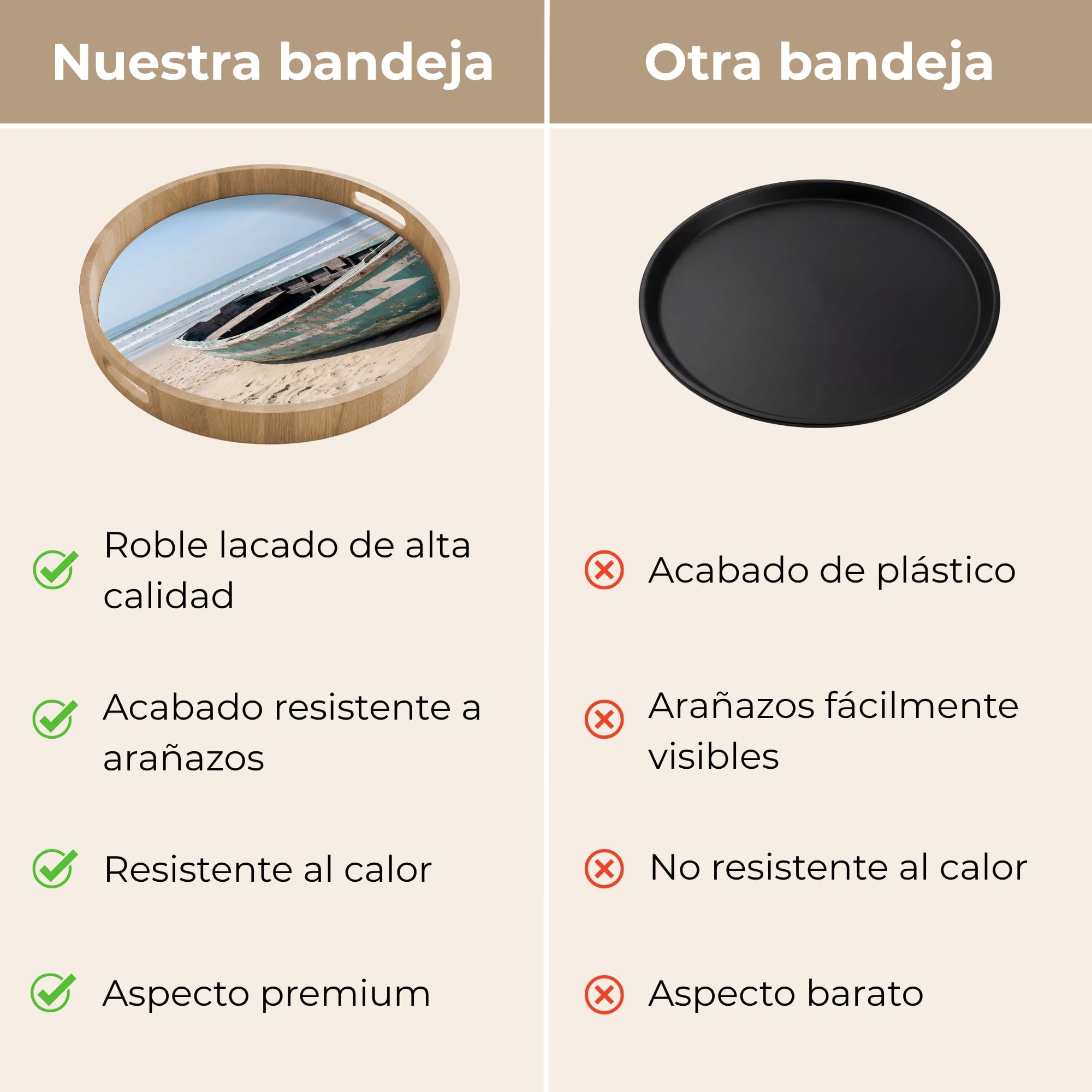 Bandeja Madera De Roble Redonda 50x50 cm Bandejas Desayuno para Servir Comida Cocina Resistente Al Calor Cafe Tray Tabuleiro Barco - Playa Arena - Mar