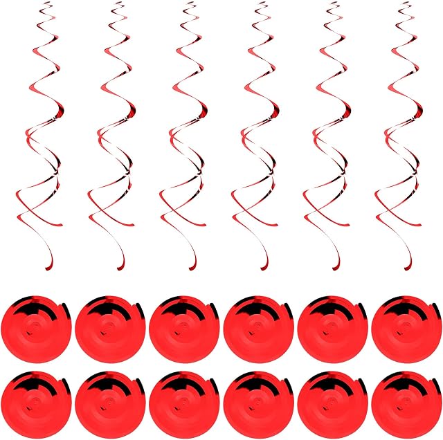 Hanging Swirl Decorations, 12 Rolls Red Swirls Ceiling Party Decorations Shiny Foil Swirls, Party Spiral Streamers Decorations for Girls and Women Birthday Party, Wedding, Xmas, Party Supplies