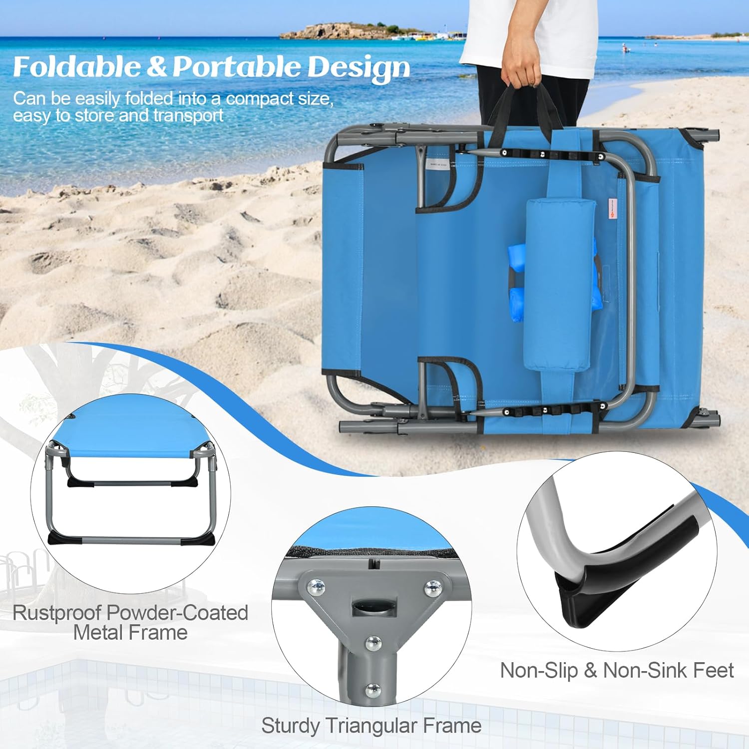 GYMAX Tanning Chair, Beach Lounge Chair with Face Hole, 5 Level Adjustable Backrest, Removable Pillow & Carry Handle, Layout Sunbathing Chair for Outside Beach Poolside Lawn Patio (1, Blue)