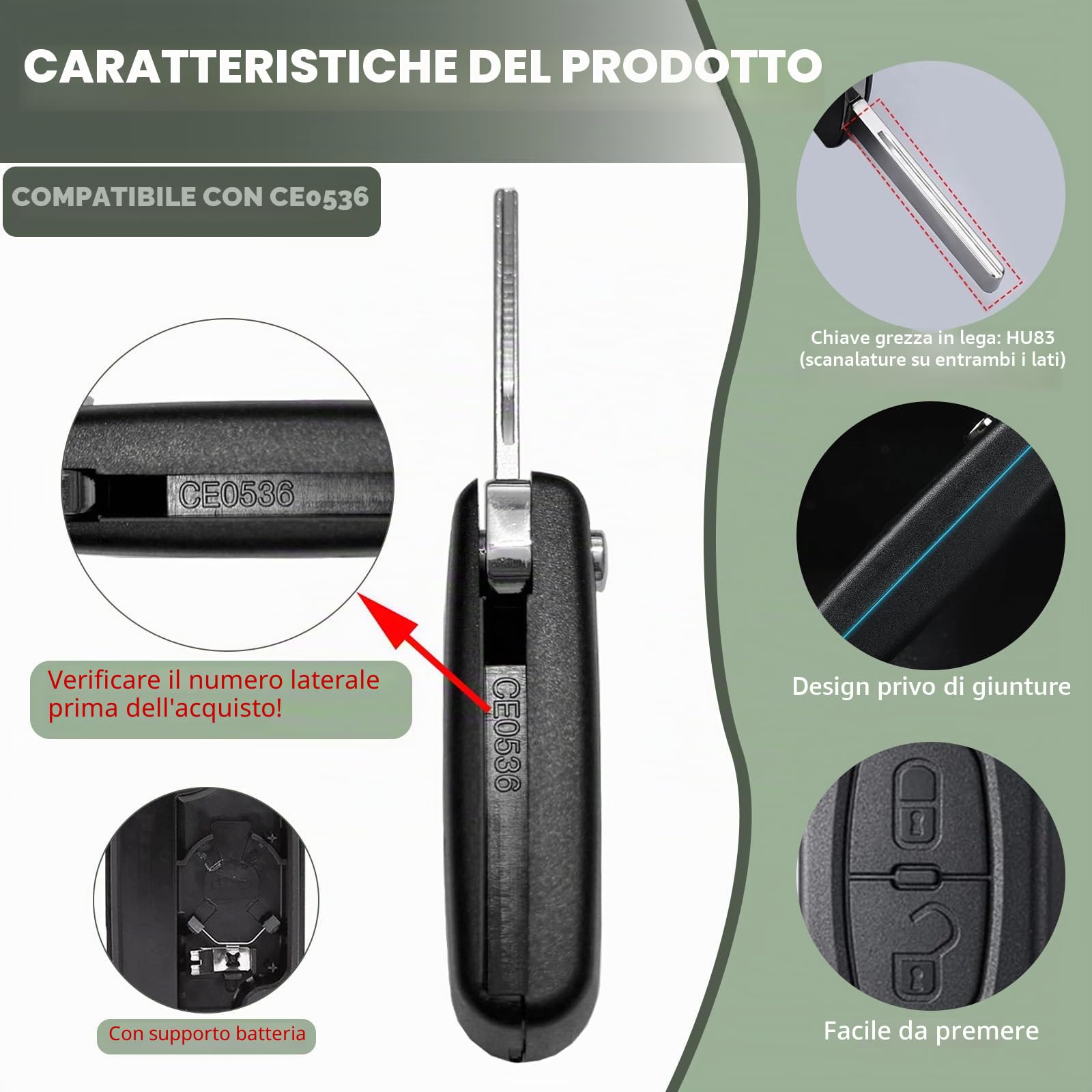 Custodia Chiave Auto CE0536 Compatibile Peugeot 207 307 308 SW 3008 5008 Partner Citroen C3 C2 C4 C5 C6 C8 Telecomando 2 Pulsanti Pieghevole
