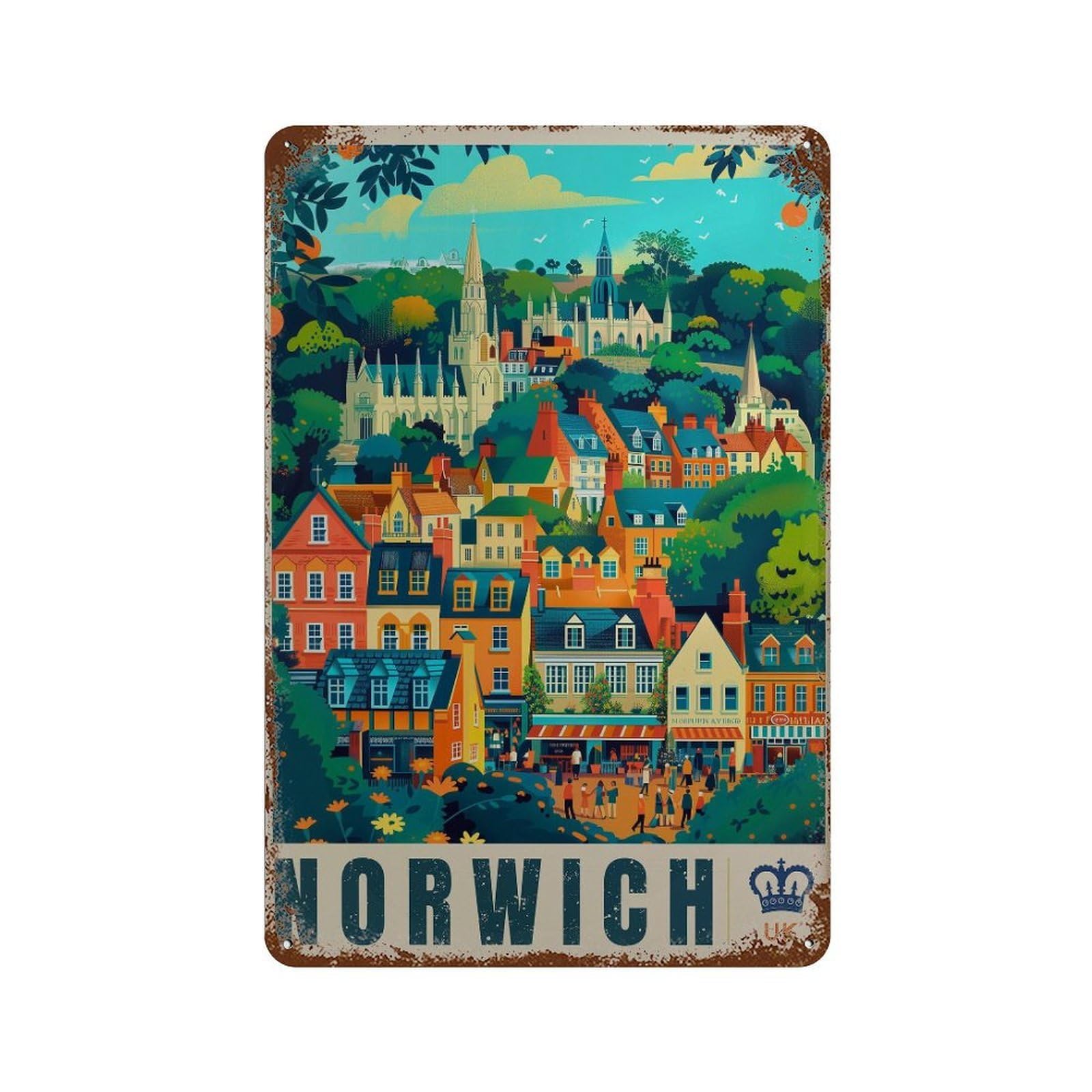 xiaoxiaoshen Norwich England Travel Illustrated Wall Decor Art Metal Tin Poster Modern Home Decor Art Home Bar Shop Decorations Vintage Sign 30x20cm