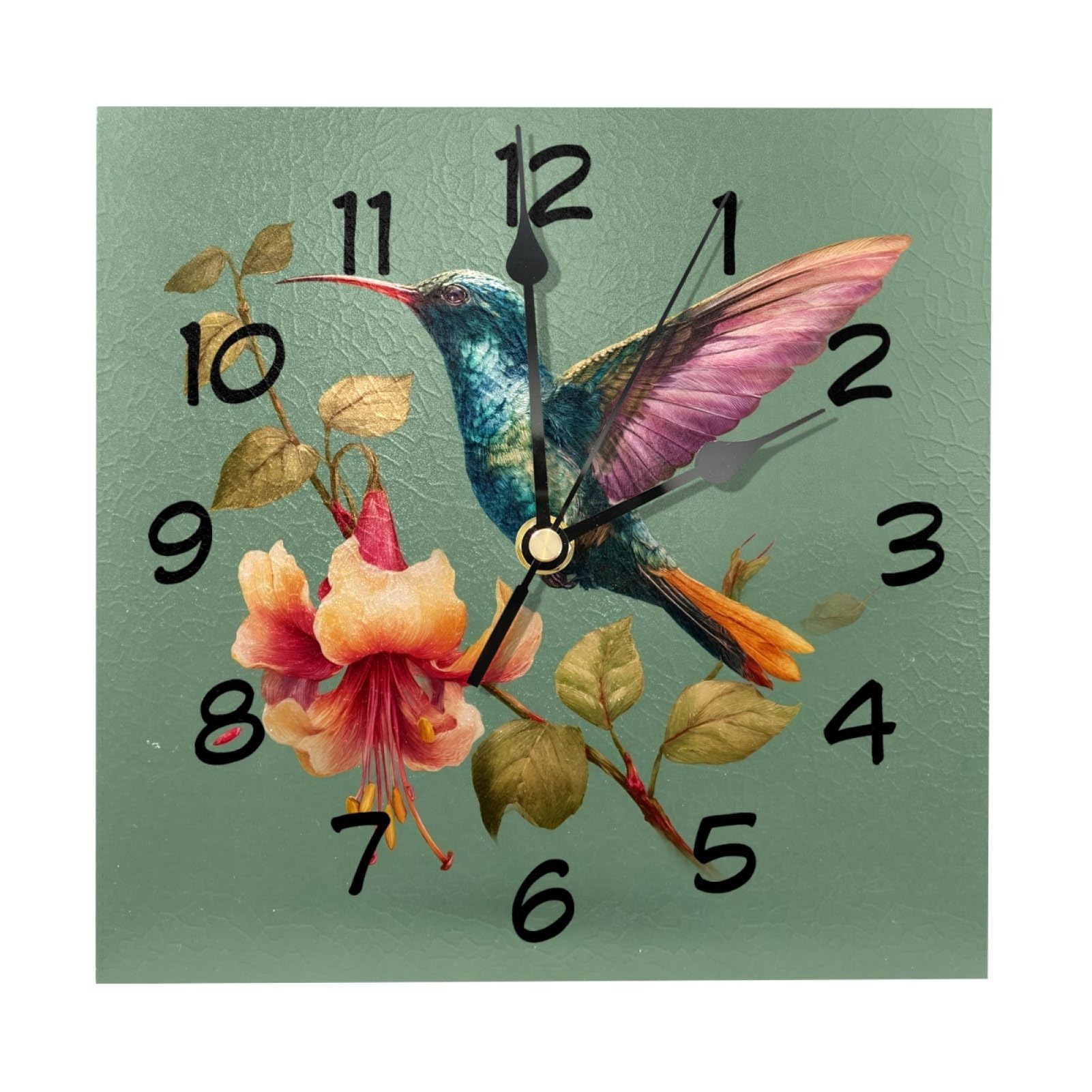 etoenbrc 8 Inch Square Wall Clock Silent Non-Ticking Hummingbird Flowers Green Clock Battery Operated, Wooden Clock Decorative for Kitchen, Living Room Bedroom Office