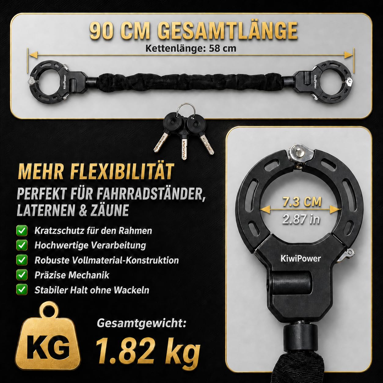 E Scooter Candado con bolsa, cierre de esposas, 90 cm, cadena de 8 mm, protección antirrobo para scooter eléctrico y bicicleta, candado de alta seguridad con llave