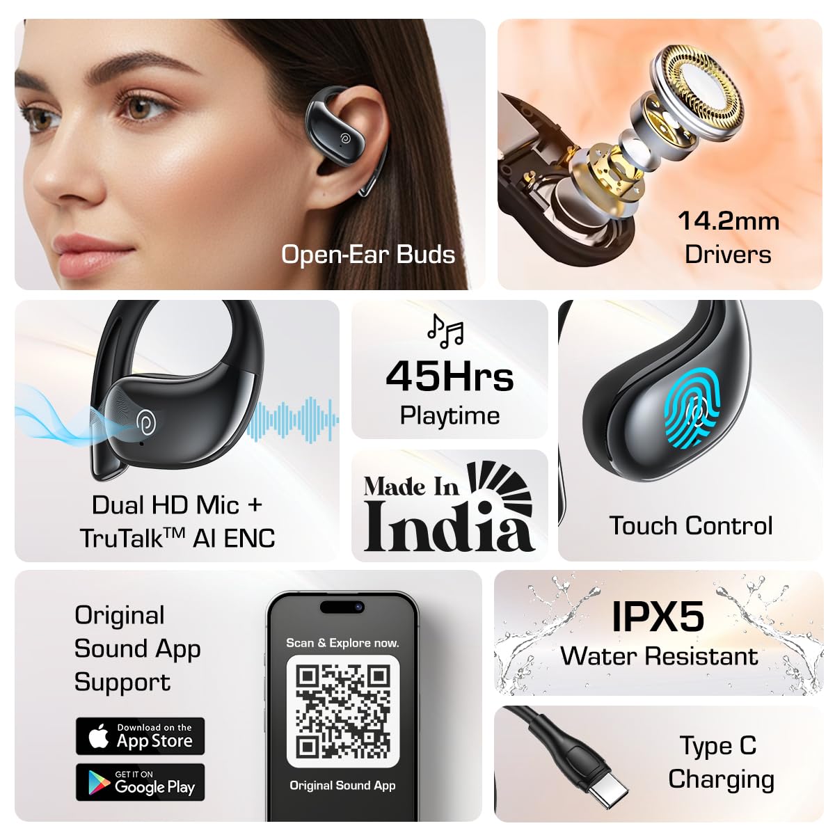 Key features of pTron Bassbuds Trendz including Open-Ear design, 14.2mm drivers, 45 hours playtime, Dual HD Mic, Touch Control, App Support, IPX5, and Type-C Charging.