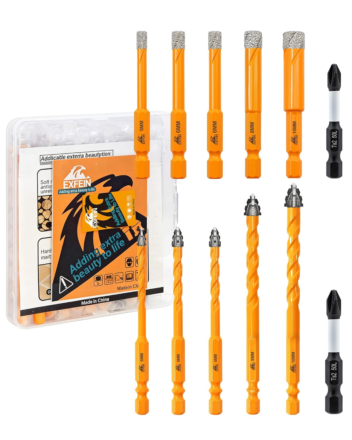 12pcs Diamond Drill Bits Set, Tile & Masonry Drill Bits 3/16" (5mm) to 3/8" (10mm) for Tile Concrete Brick Wood Plastic with 1/4 Inch Quick Change Hex Shank