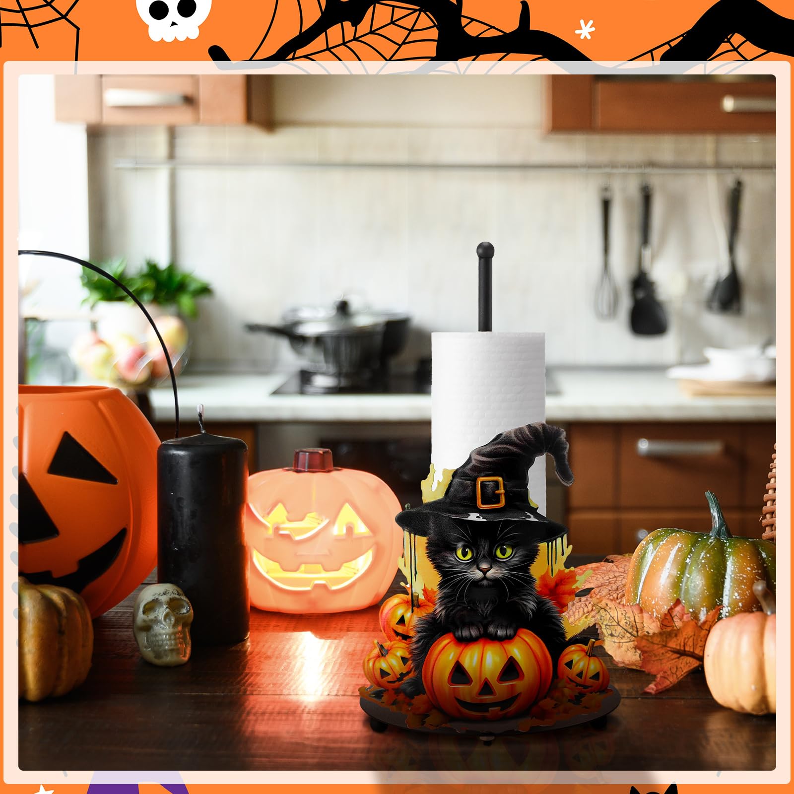 MorningRo Toallero de papel de gato negro de Halloween, accesorios de decoración de cocina, granja, Halloween, calabaza, soporte para toallas de papel para encimeras, baño, gato, calabaza