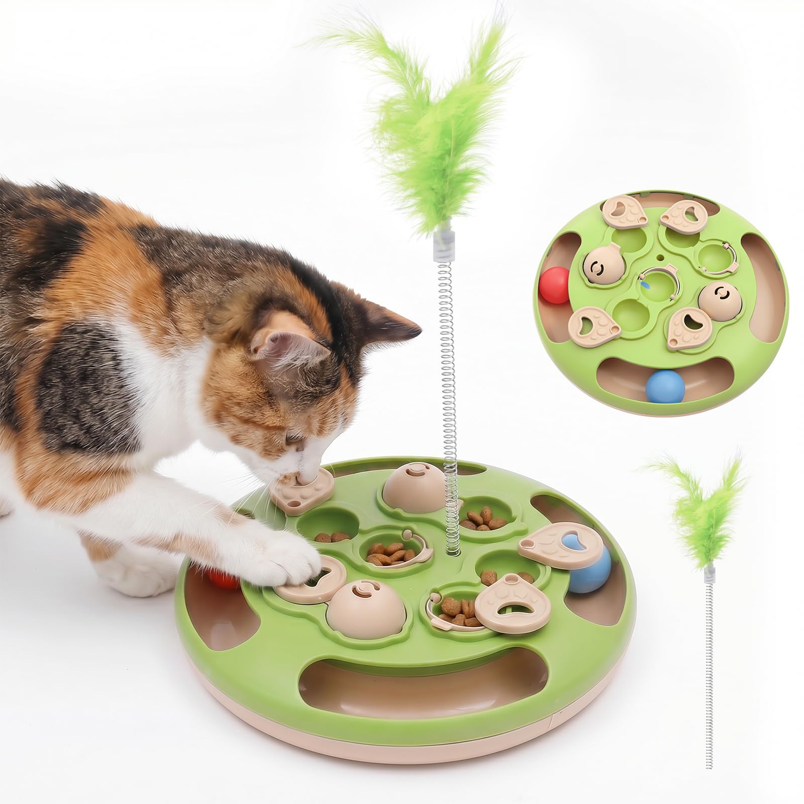 Eyoulife Cat Puzzle Toys Games Level 3 in 1 with Track Balls, Feather Teaser & Treat Feeder | Non-Slip Base | Mental Stimulation Enrichment for Indoor Cat, Dogs| Kitty Gift (Green)