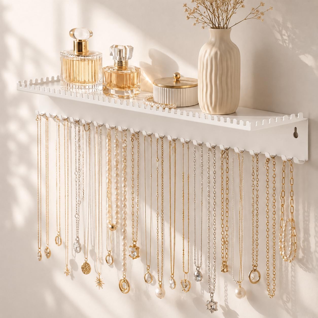 Wall Mounted Necklace Holder with Shelf, Wall Jewelry Organizer,White