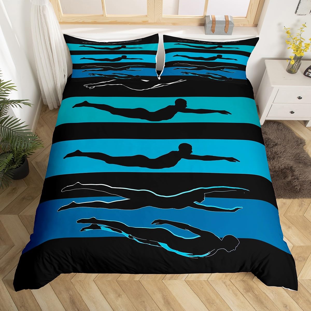 Homewish Schwimmen 135x200 Bettbezug für Kinder Jungen Mädchen Teen,Wassersport Schwimmen Thema Bettwäsche Set Schwimmer Spieler Tröster Abdeckung Moderne Sportspiele Bett Set,Blau Schwarz