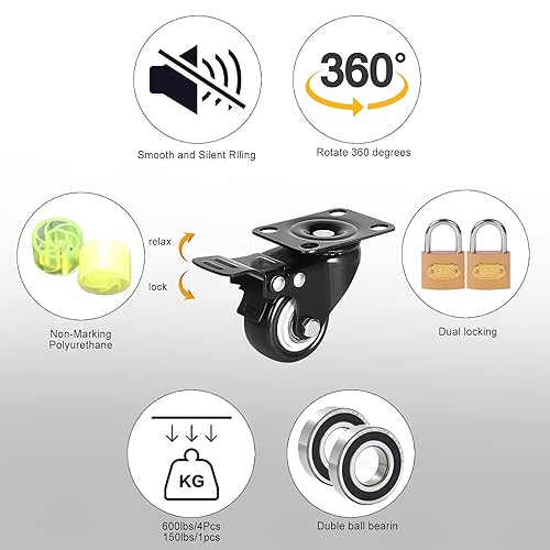 Miniatura 18 de Juego de 4 ruedas de 3 pulgadas, ruedas giratorias de goma resistentes con freno, ruedas de goma giratorias para banco de trabajo con bloqueo doble
