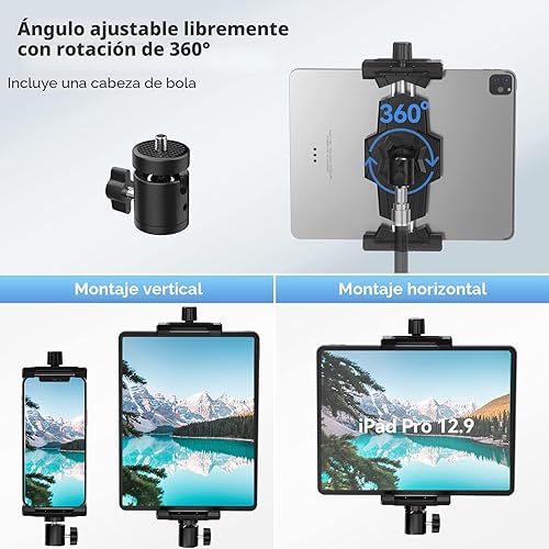Miniatura 3 de KDD Adaptador de trípode para iPad y teléfono con cabeza esférica, soporte para iPad para trípode, soporte giratorio de 360 grados para tableta