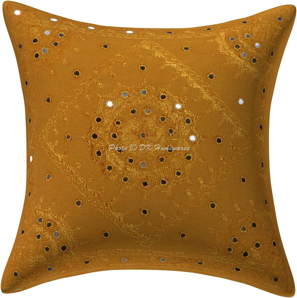 Boho Decorative Couch Throw Pillow Covers 16x16 Inch Cotton Embroidered Mirrored Ethnic Square Toss Cushion Covers (Size - 40x40 cm ; Color: Mustard Yellow) - Set of 5 Pcs (Cover Only)
