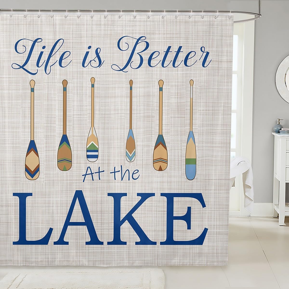 Castle Fairy Lake Life Fabric Shower Curtain,Cartoon Paddle Print Lake House Shower Curtain for Bathroom Stalls,Camping Cabin Boating Themed Rustic Waterproof Bath Curtains with Hooks, 72Wx78L inch
