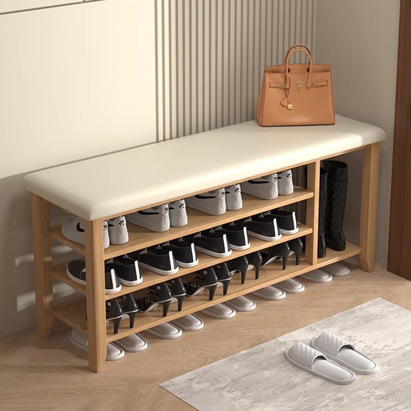 Banc à chaussures en bois avec coussin en cuir PU pour décoration chic