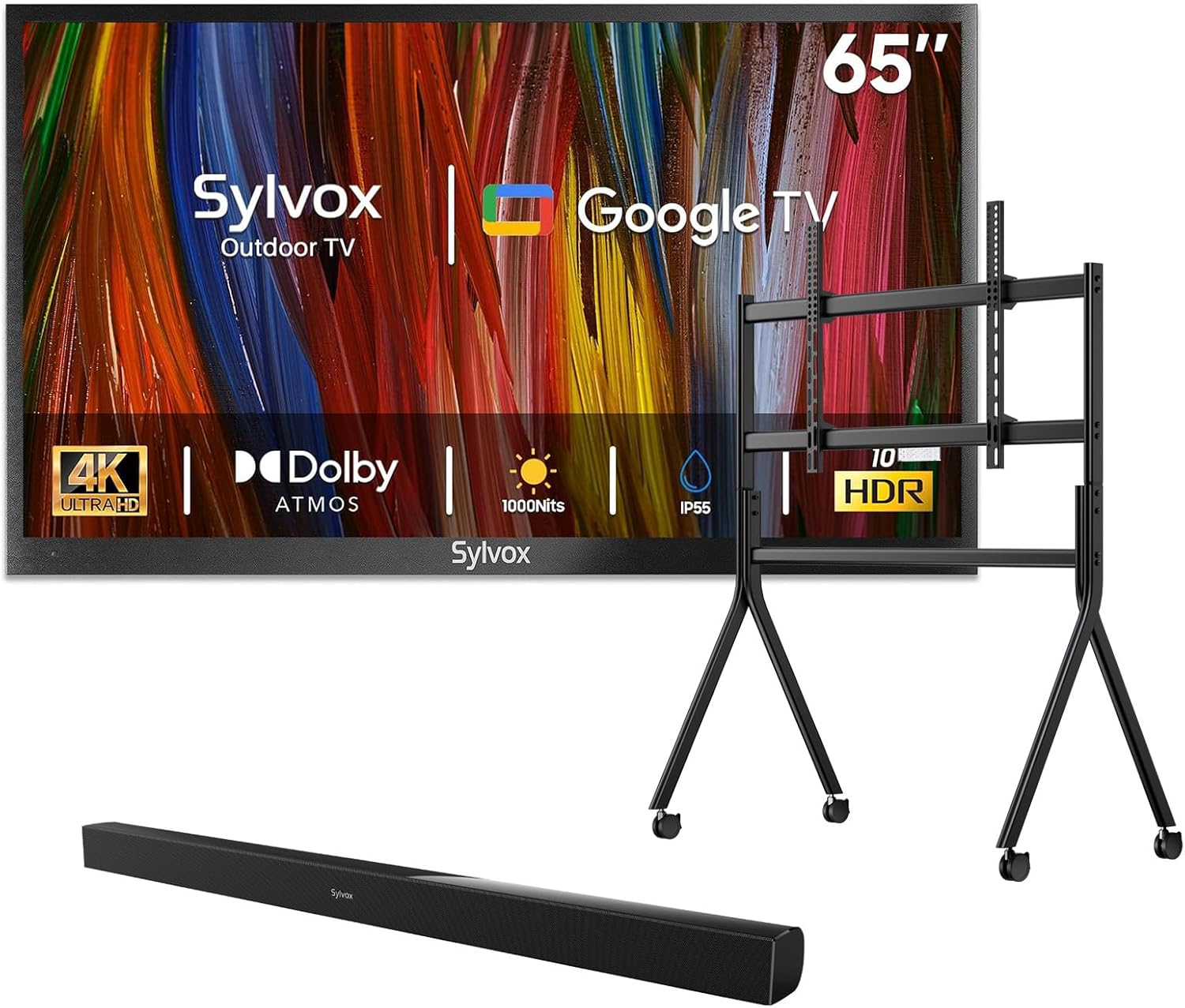 SYLVOX Outdoor TV with Rolling Stand & Soundbar, 65 inch 4K Smart TVs, Weatherproof & IP55 Waterproof, Support Google Assistant, 1000 nit Brightness Partial Sun (Deck Pro 2.0/2024)