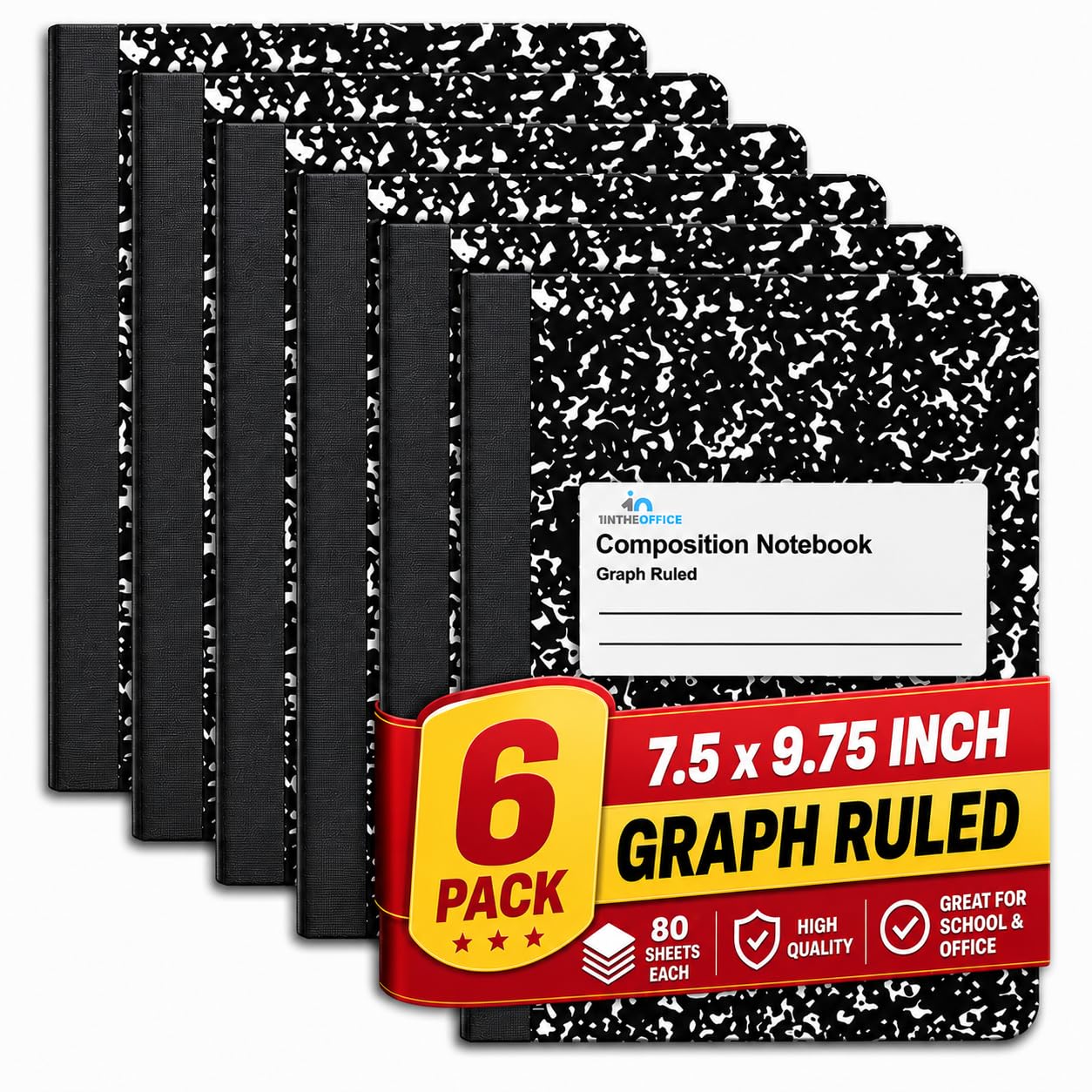 1InTheOffice Lot de 6 cahiers de composition graphique - 24,8 x 19,1 cm - Noirs