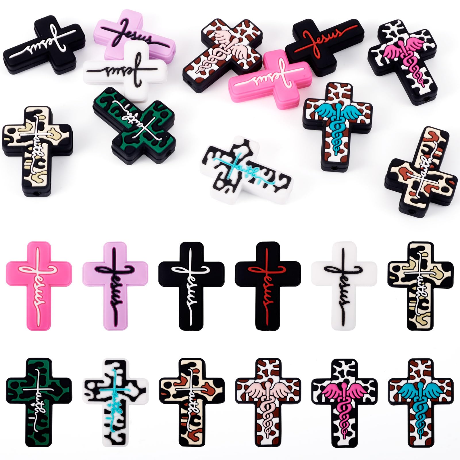 Spritewelry 12pcs Cross Silicone Focal Beads for Pen Religion Jesus Cross Beads Leopard Cross Silicone Beads Easter Silicone Beads Cute Cross Beads for DIY Craft Jewelry Making
