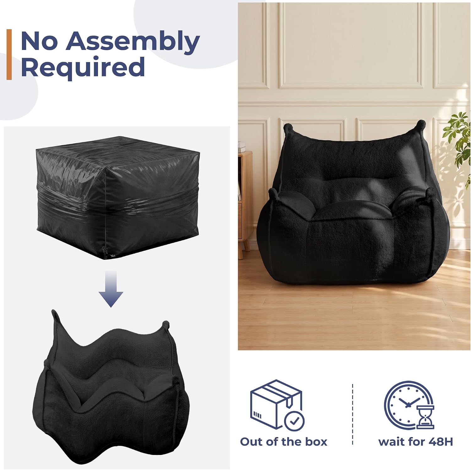Giant Bean Bag Chair, Faux BeanBag Sofa Cloud Couch Chair for Adults Teens, Comfy Lounge Lazy Floor Sofa with Armrests Single Accent Chair for Living Room, Bedroom & Dorm, Black