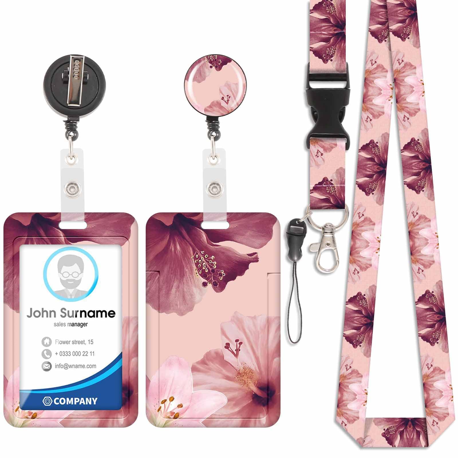Badge Holder with Lanyard, ID Badge Holders with Detachable Cute Lanyard, Retractable Badge Reel Carabiner Clip, Personalized Vertical Card Cover Case Protector for Nurse Teacher Student (Hibiscus)