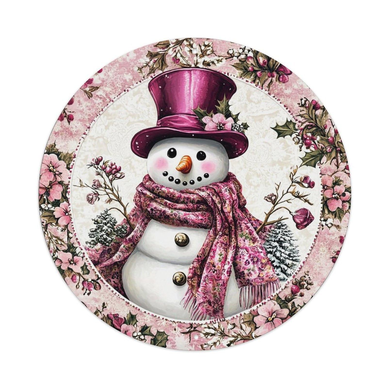 Pink Floral Snowman Holiday Design Vintage Metal Tin Sign Retro Wall Decor for Home Bar Garage Cafe, Indoor & Outdoor Decorative，circle Metal Poster, 8x8 Inch