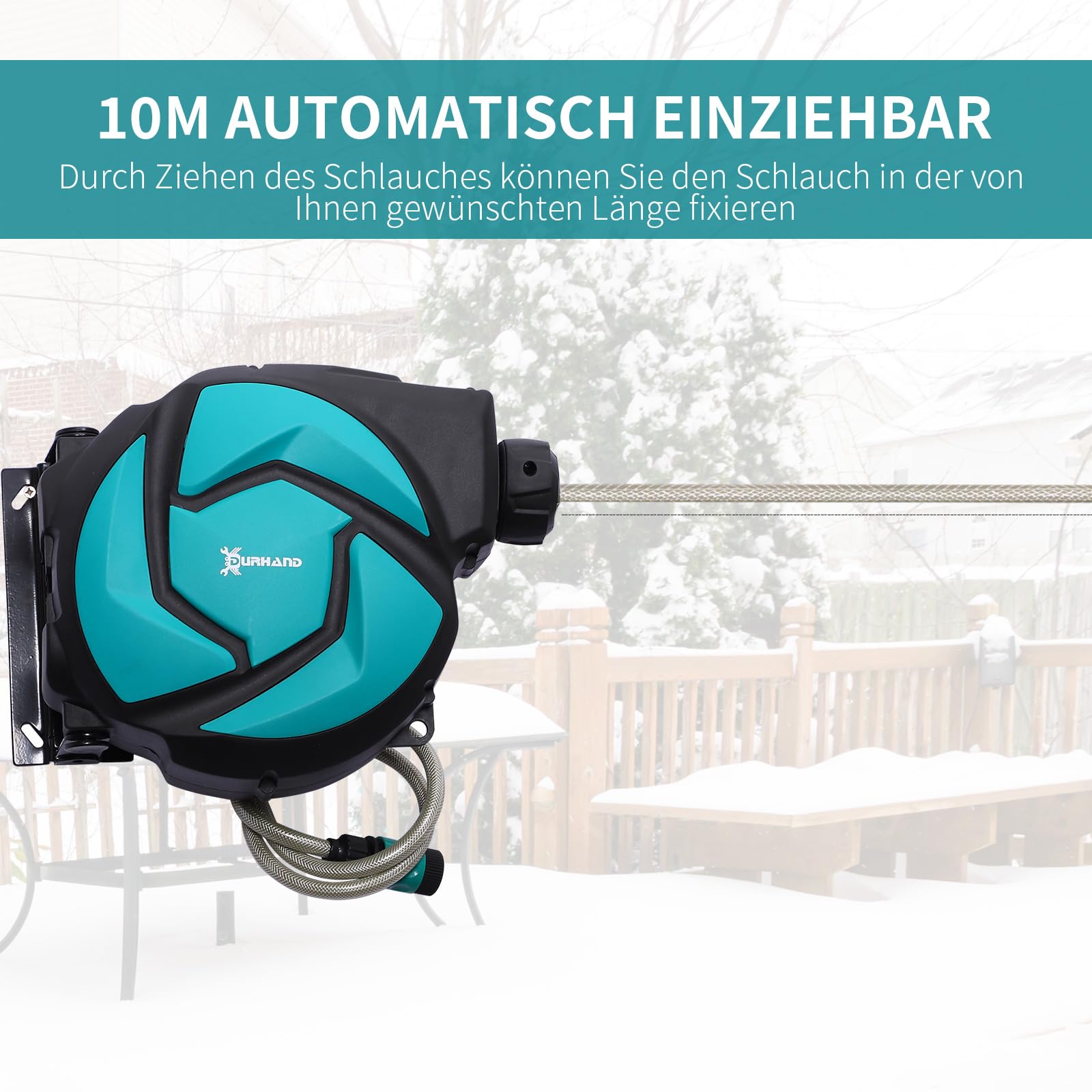 DURHAND Schlauchtrommel 10 m Automatische Aufrollung Grün + Schwarz