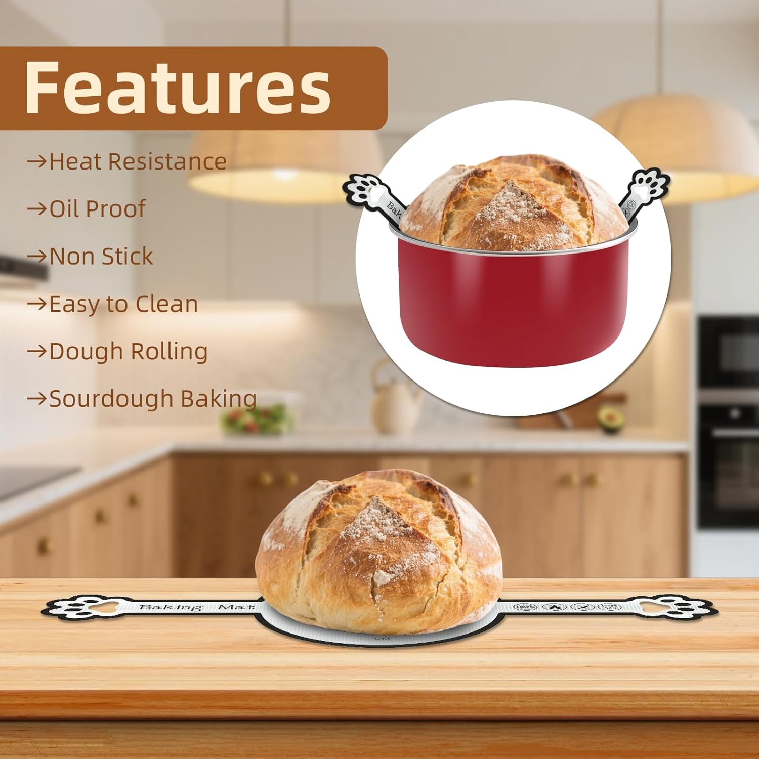 Silicone Bread Sling for Dutch Oven, 2-Pack – Fits 4–7 Qt Round Dutch Ovens – Heat Resistant 0.7mm Non Stick Baking Mat with Handles – Sourdough Bread Sling, Oven Safe up to 446°F - Image 2