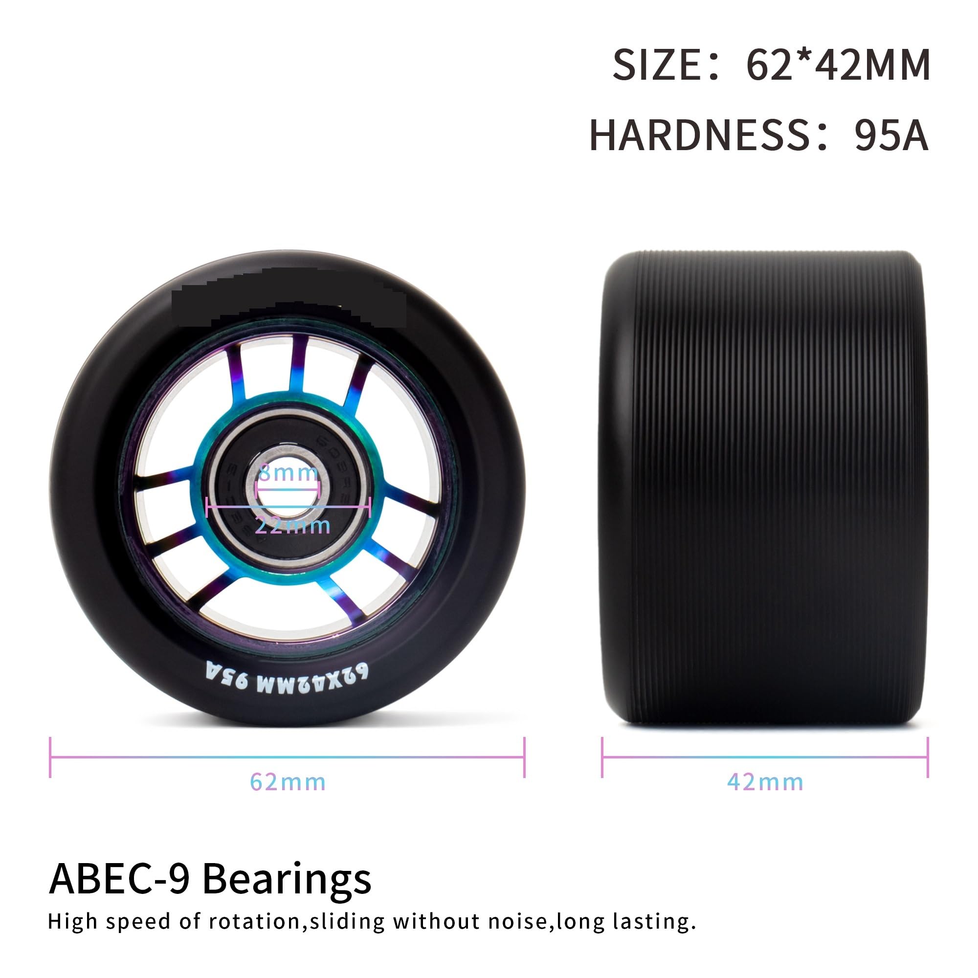 8 Uds Ruedas for Patines en línea Ruedas de patín de Repuesto Rueda de patín cuádruple núcleo de Aluminio 62 * 42mm 95a para Patines