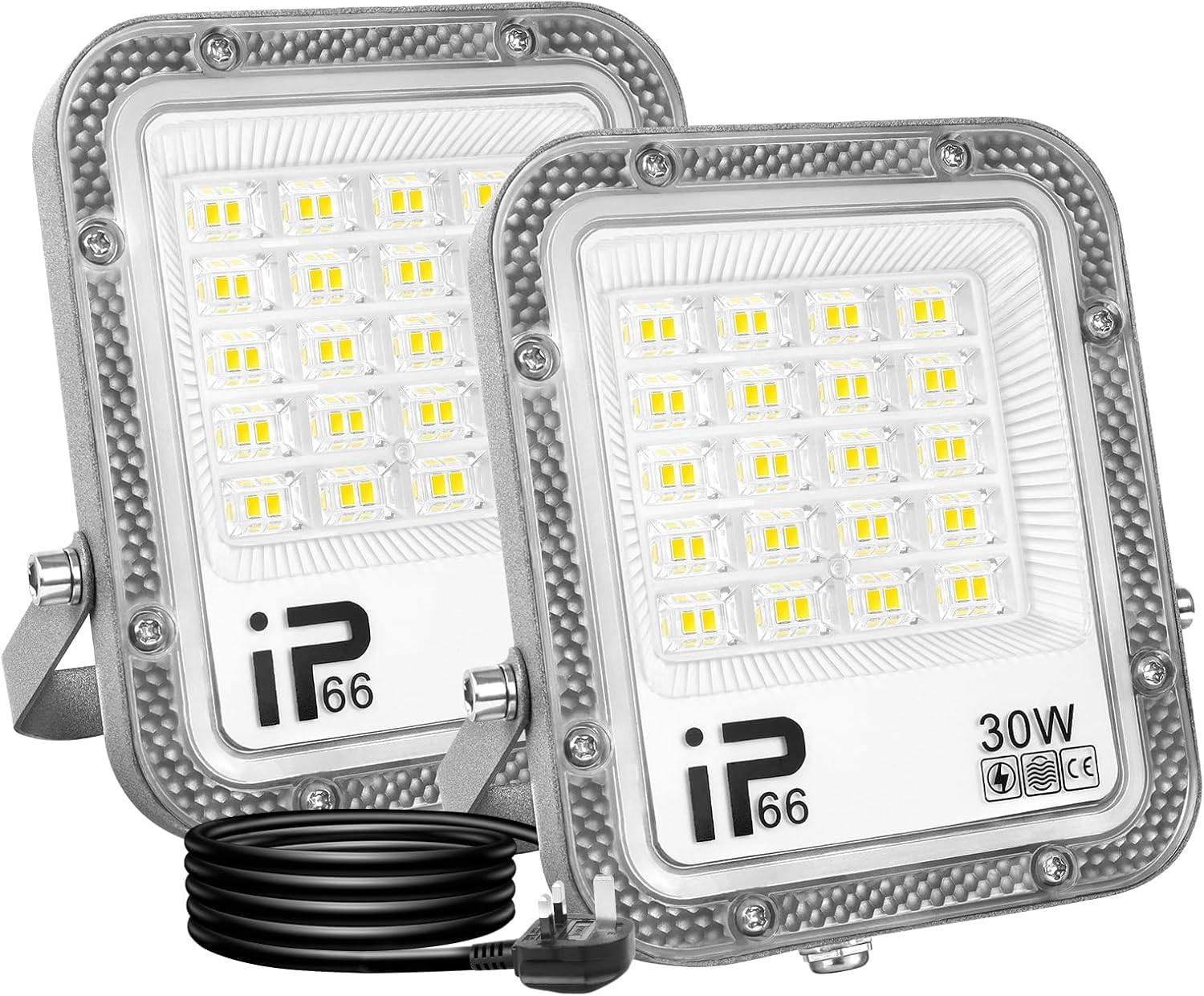 YOJZMA 2Pack 30W 3000LM Plug in Flood Lights Outdoor 230V Outdoor Work Light 6000K White LED Security Light Exterior Lights for House Yard Patio Parking Garden,IP66 Waterproof 1M Wire [Energy Class F]