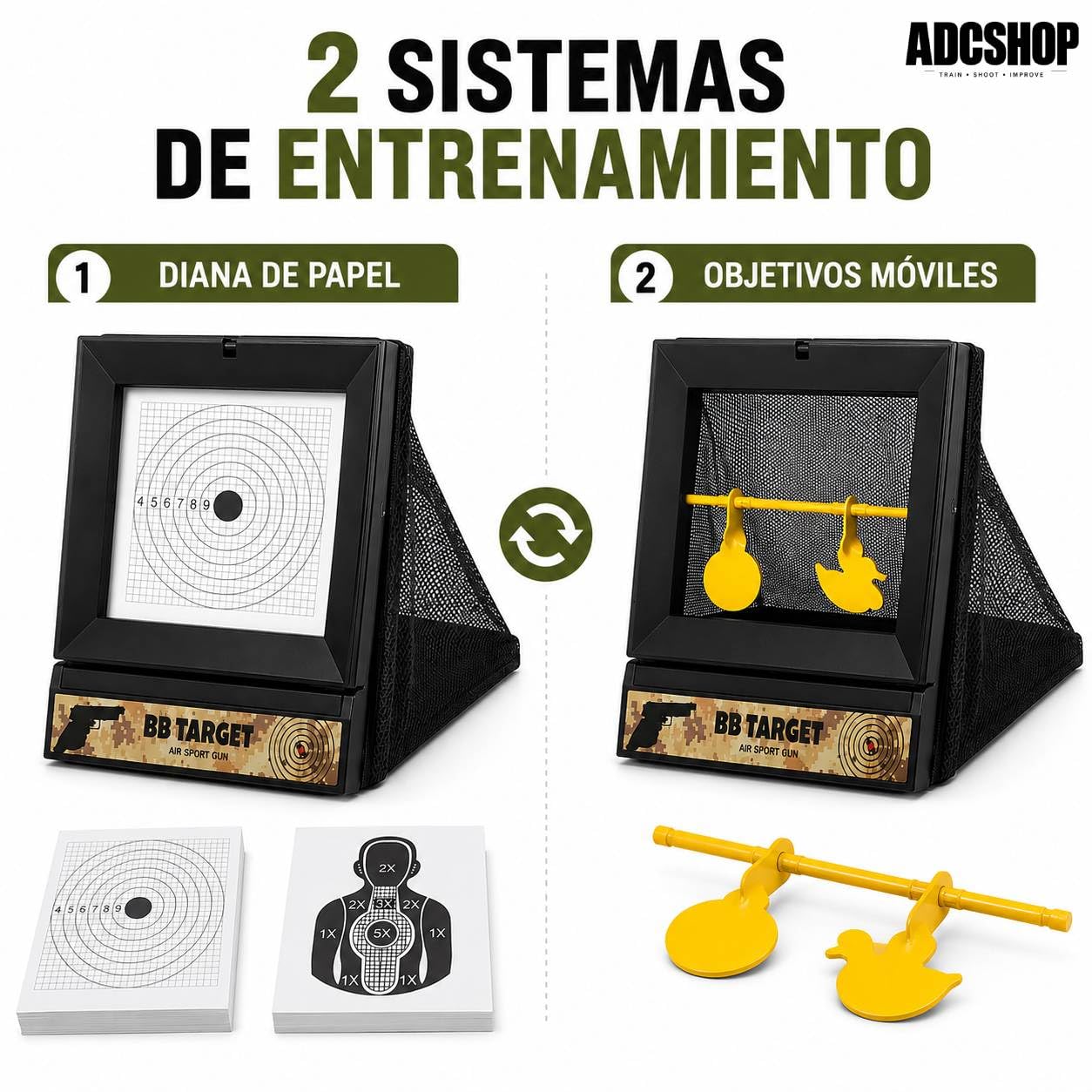Cazabalines Airsoft. Tiro Dual + 100 dianas 17x17 cms x Objetivos móbiles
