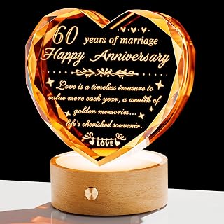 YWHL 60th Anniversary Crystal Gifts for Parents Grandparents, 60 Years Wedding Anniversary Keepsake for Couple, Laser Carved 60 Years of Marriage Gifts for Wife Husband with Colorful Base