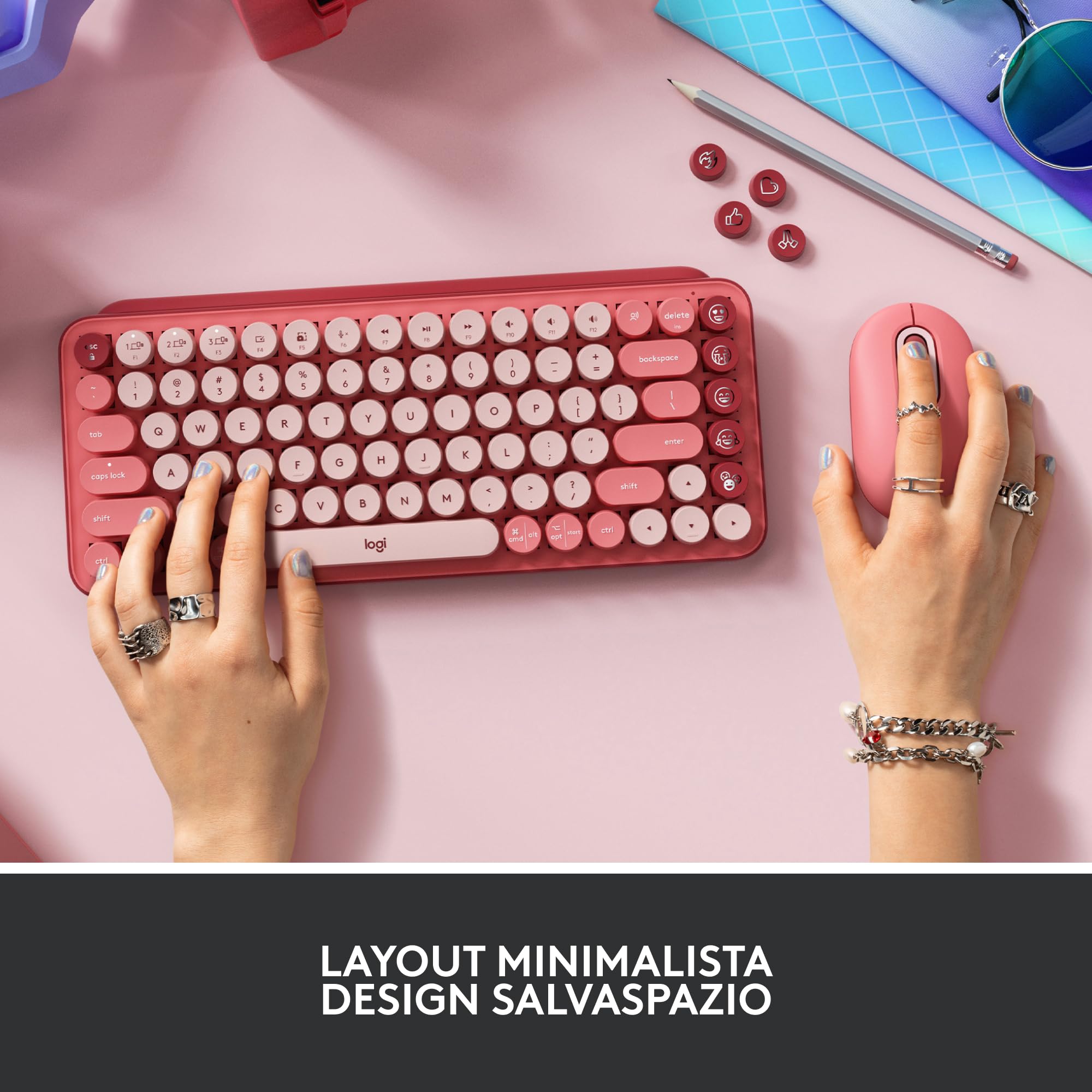 Logitech POP Keys Tastiera Meccanica Wireless con Tasti Emoji Personalizzabili, Design Compatto Durevole, Bluetooth o USB, Compatibilità Multidispositivo e OS, Italiano QWERTY - Heartbreaker